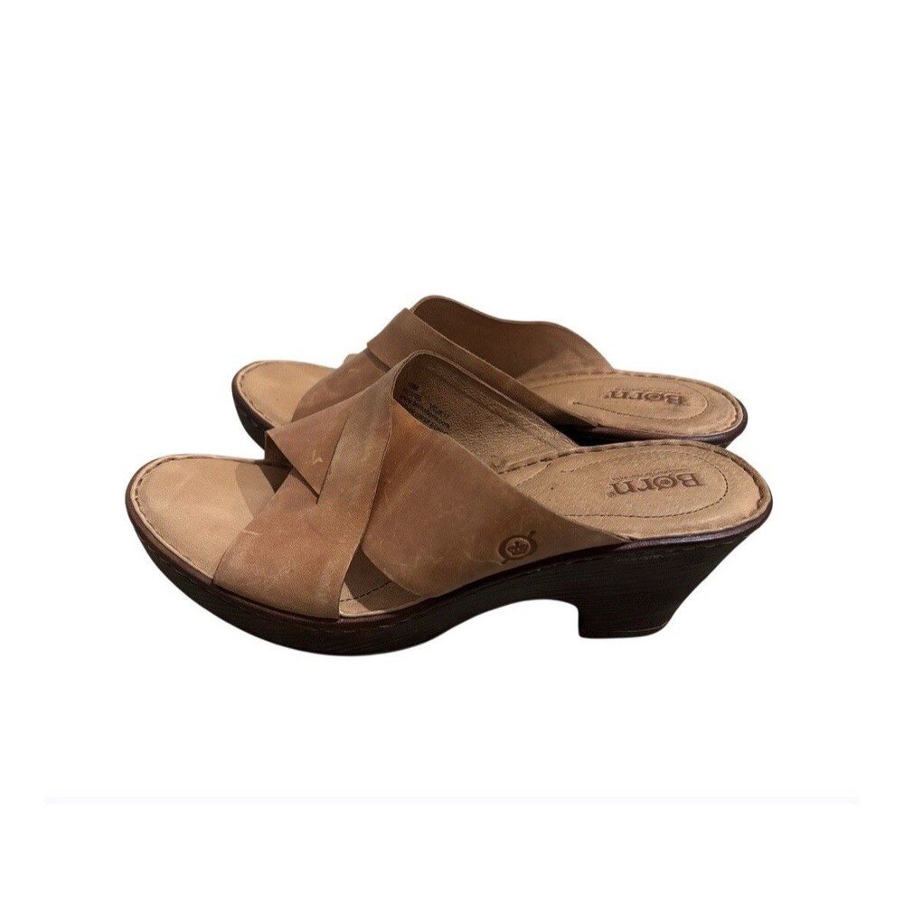 Born Coney Platform Sandal Tan Leather Crisscross Open Toe Slip On Heels 10M